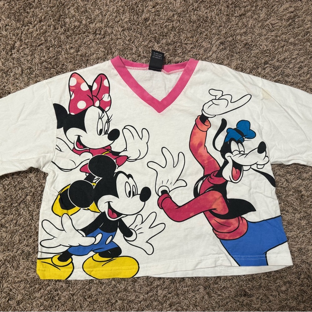 Vintage Disney Mickey Minnie Goofy All Over Print Crop T-Shirt 90s Cartoon Tee